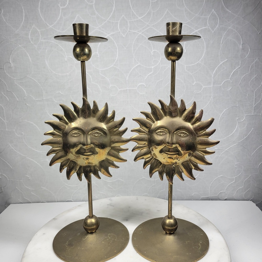 VTG Pier 1 Brass Sun Face Tapered Candle Holders Set of 2 India Sunburst Signed